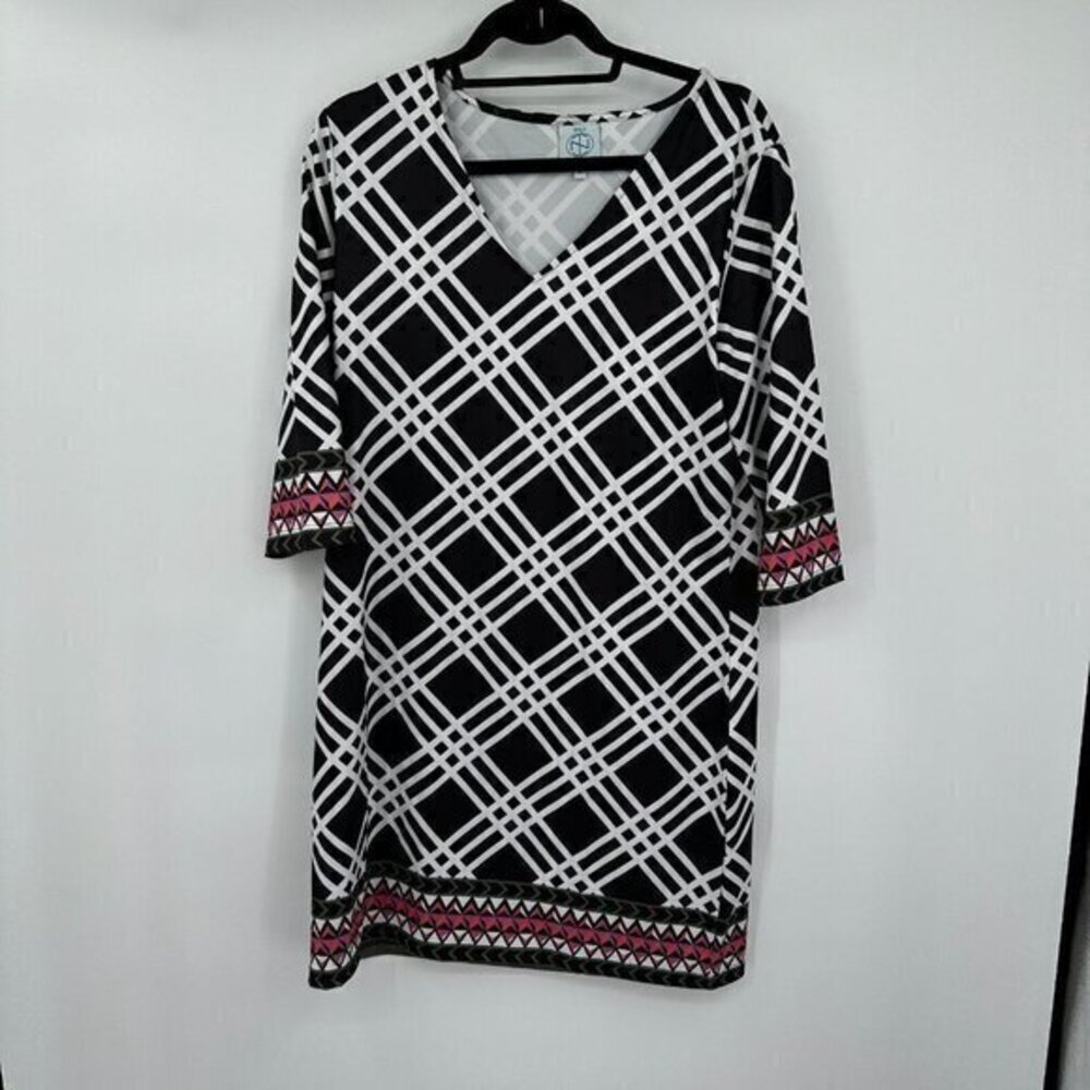 Tracy Negoshian Womens Dress Medium V Neck Multi Color 3/4 Sleeves Geometric